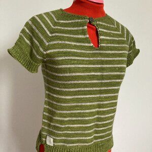 Tee Green & Grey Stripes Hand knit Small